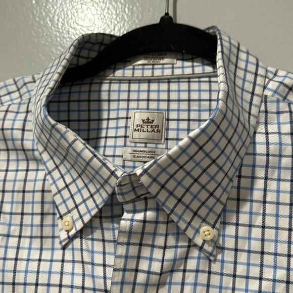 Peter Millar Button Down Cotton Long Sleeve Size XL Color White Blue Black Plaid - Picture 3 of 10